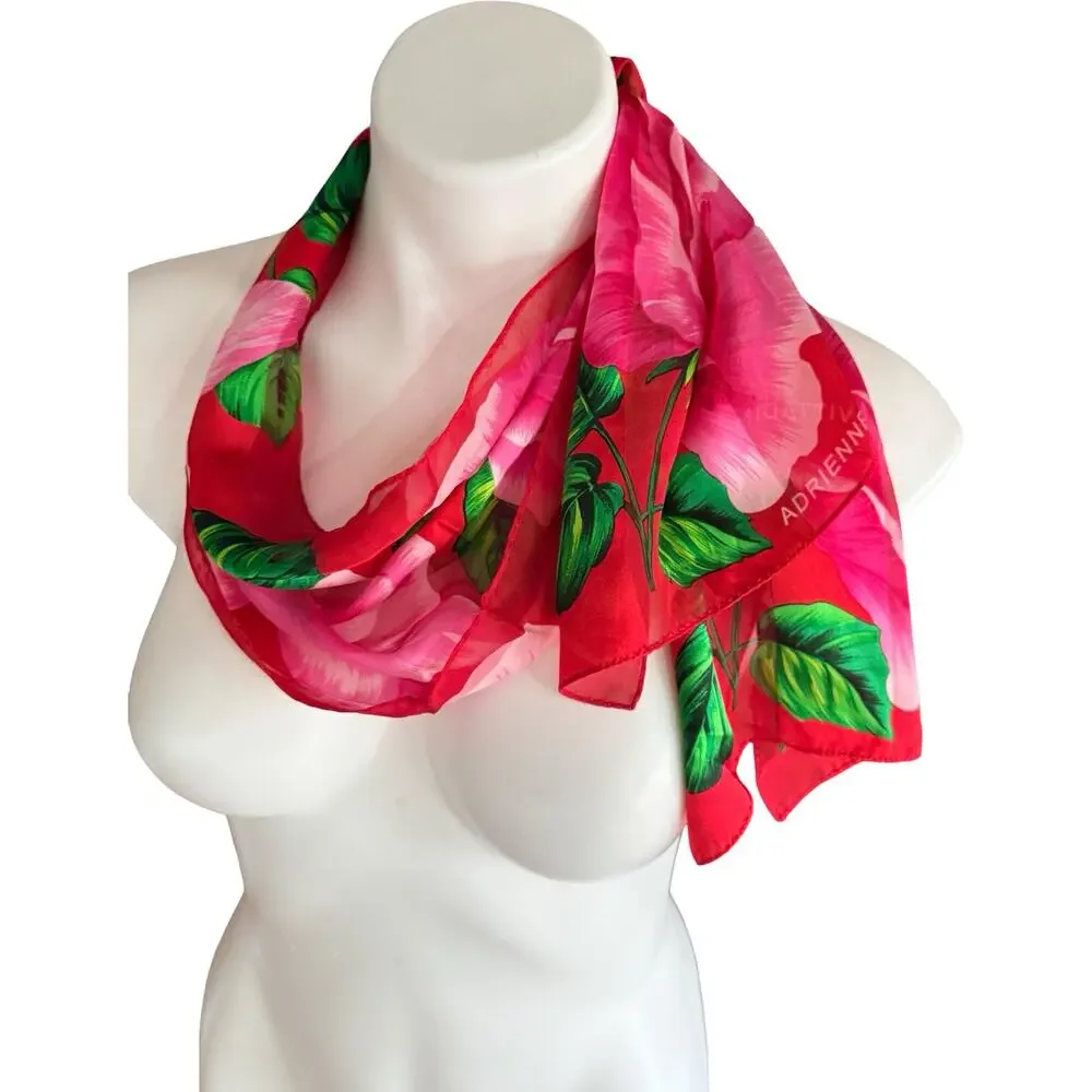 Vintage Adrienne Vittadini Silk Chiffon Scarf 1990s Rink Red Rose Floral 10x52
